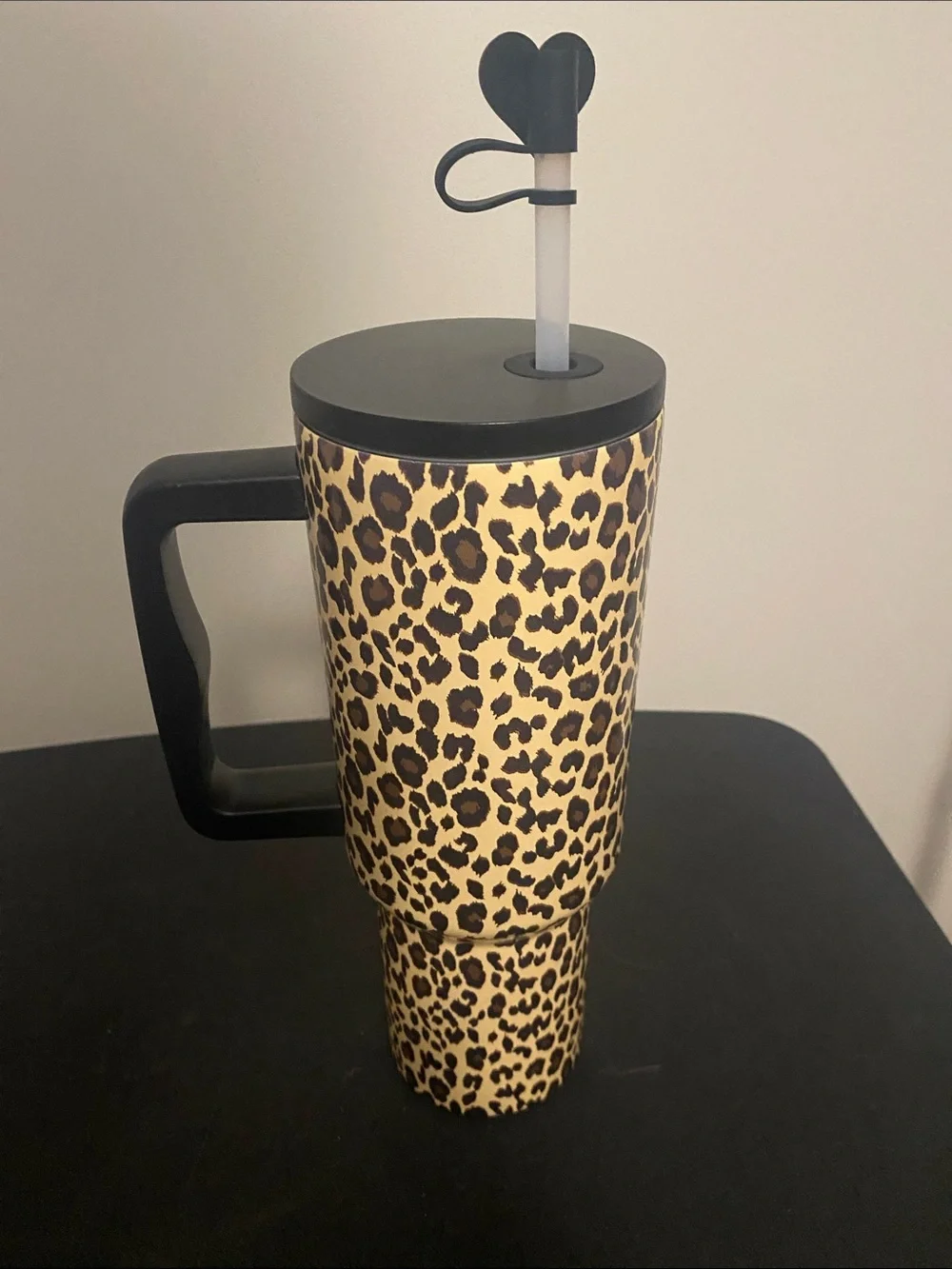 Betsey Johnson Leopard Print Travel Mug with Black Handle and Straw